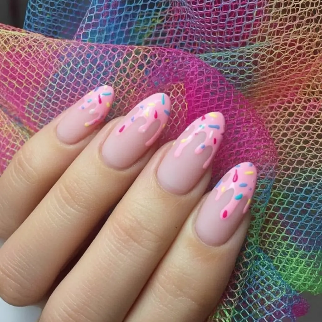 Pretty Nails You’ll Love in 2025 Sprinkle Drips on Almond Candy Base