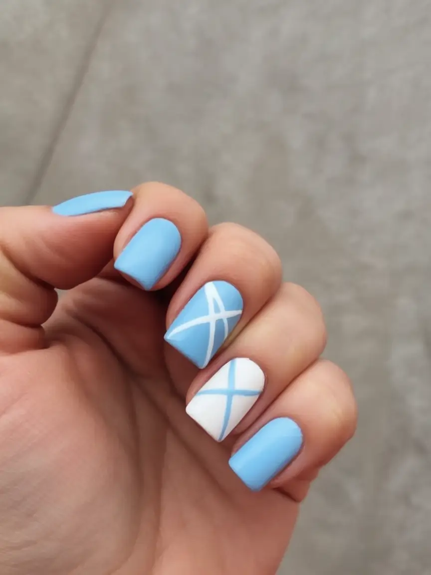 Pretty Nails You’ll Love in 2025 Cool Tone Cross Lines on Sky Blue