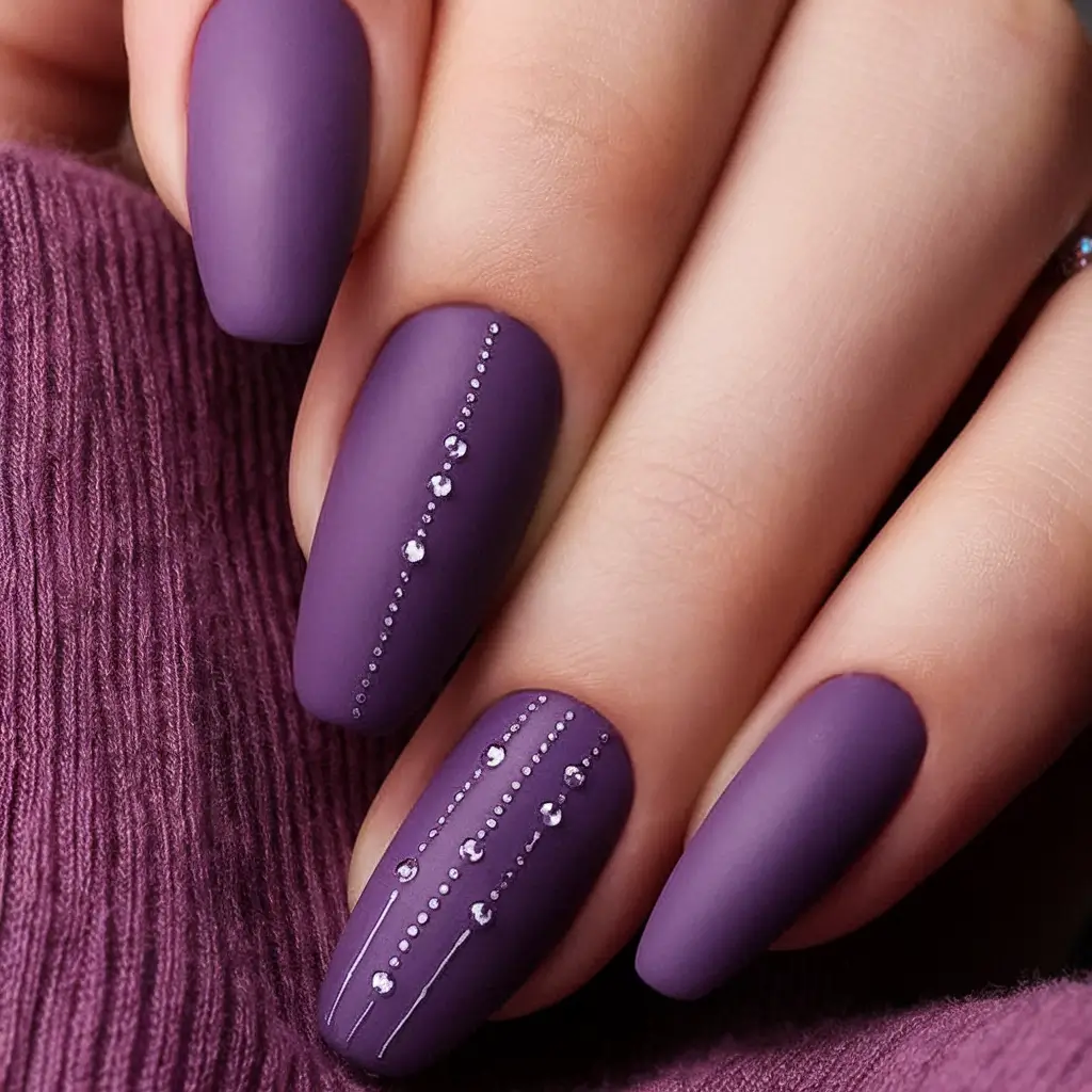 Purple Nail Inspo for 2025 Summer Matte Plum Elegance with Crystal Detailing
