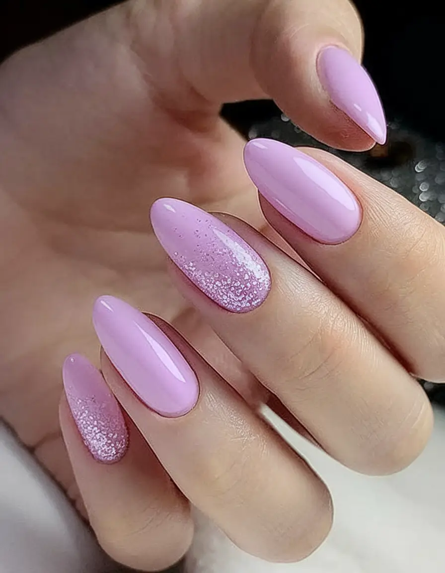 Purple Nail Inspo for 2025 Summer Soft Pink Almond Glitter Fade