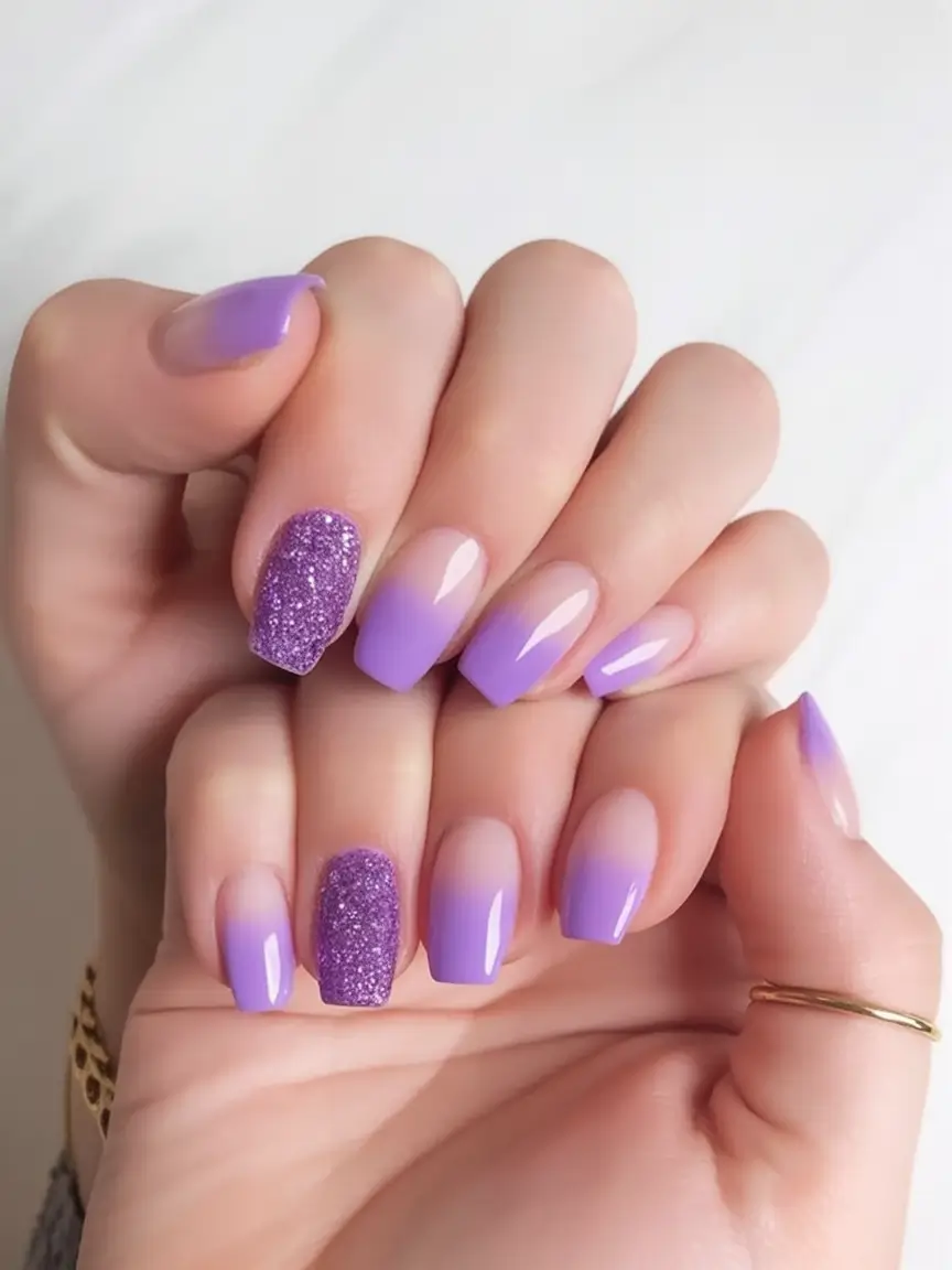 Purple Nail Inspo for 2025 Summer Lavender Ombre with Glitter Accent