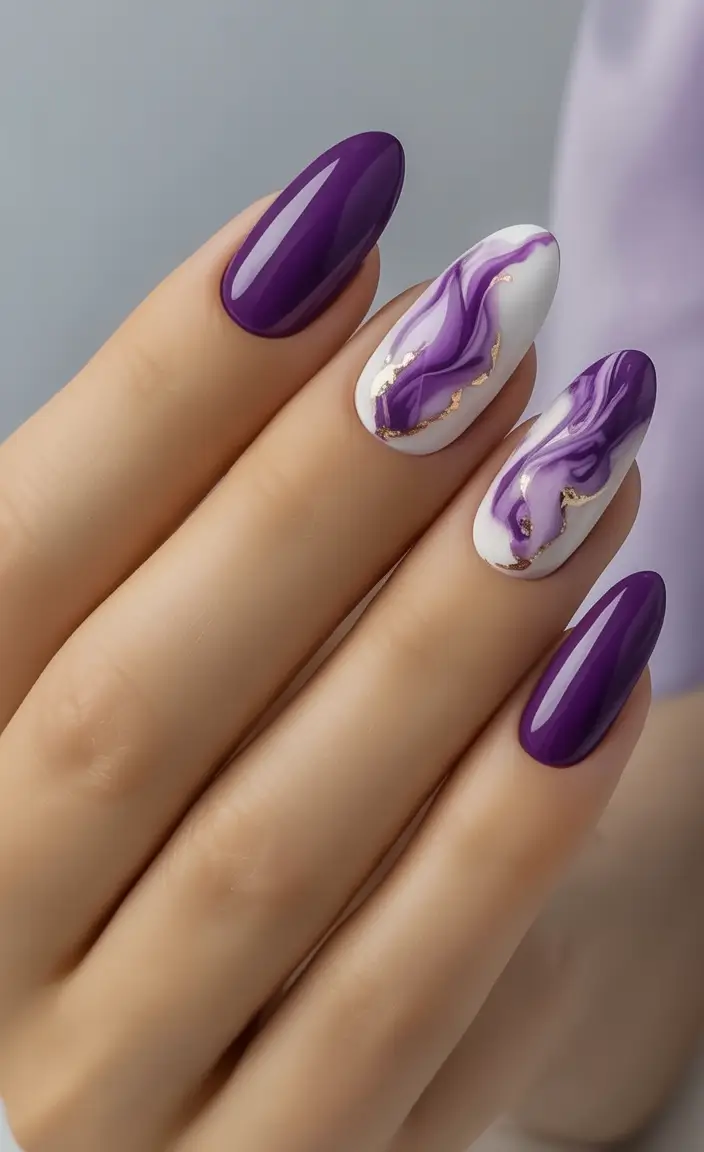 Purple Nail Inspo for 2025 Summer Marble Art Meets Glossy Grape