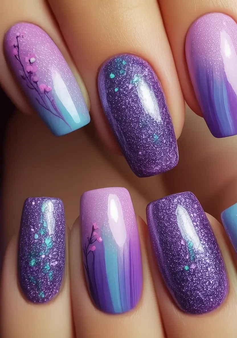Purple Nail Inspo for 2025 Summer Night Garden Sparkle