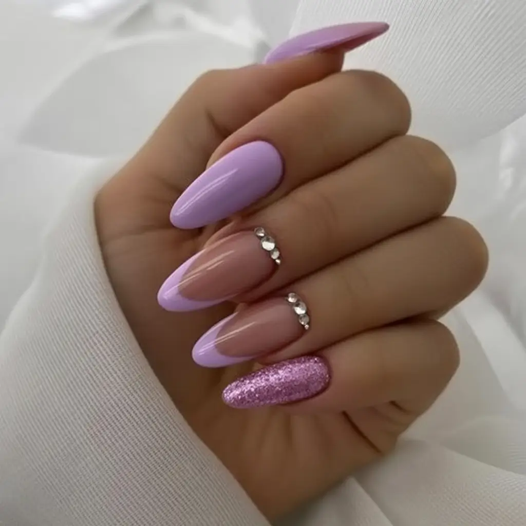 Purple Nail Inspo for 2025 Summer Glossy Lilac and Glitter Duo with Gems