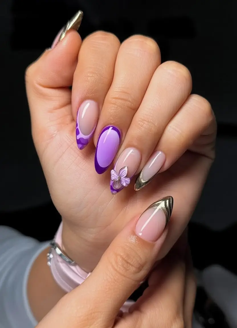 Purple Nail Inspo for 2025 Summer Playful Butterfly Accent on Lilac Almond Tips
