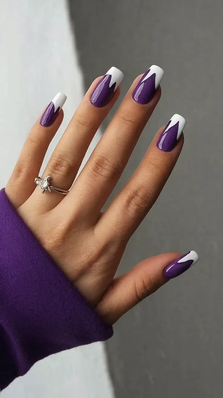 Purple Nail Inspo for 2025 Summer Glossy Purple Flames with a White French Twist