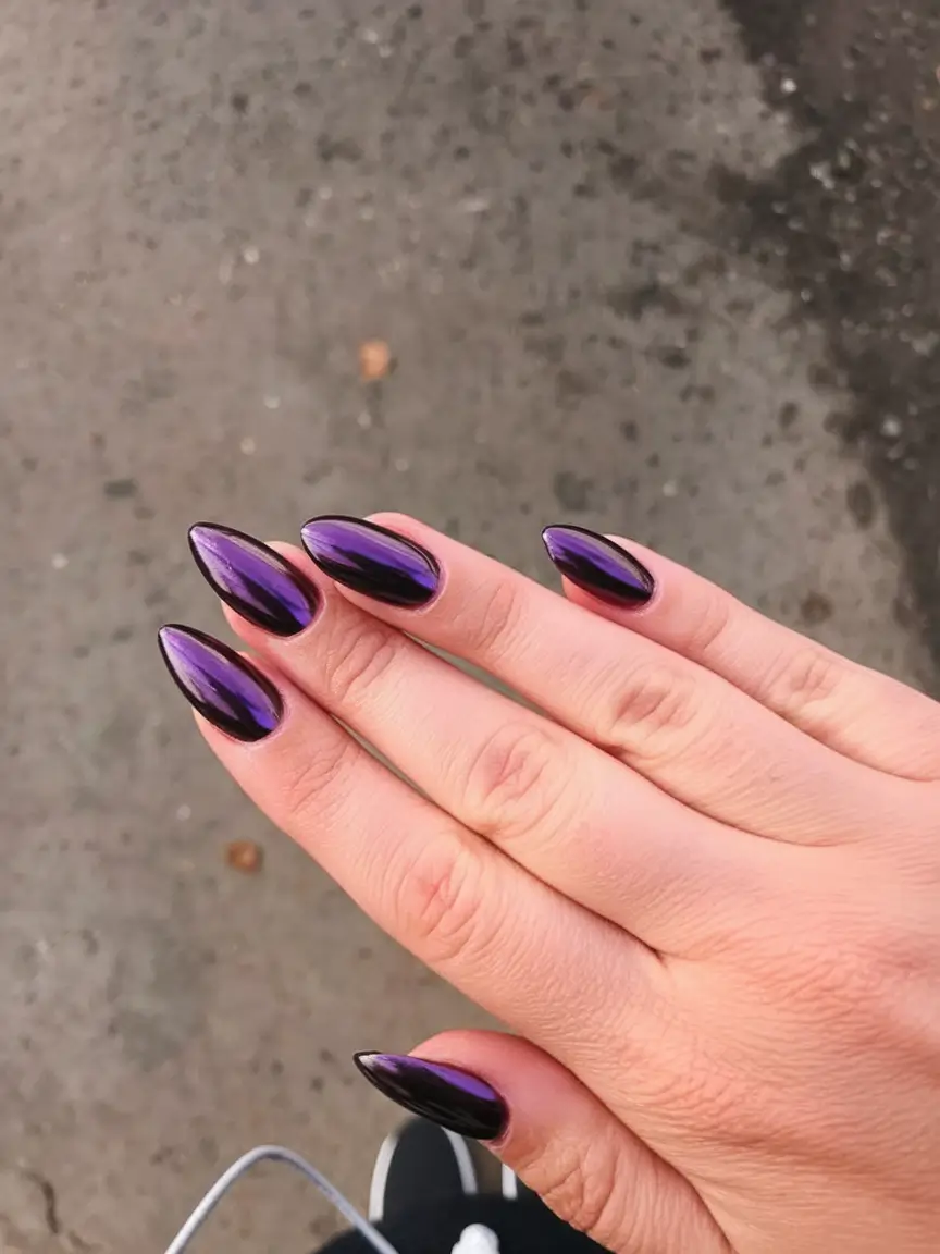Purple Nail Inspo for 2025 Summer Chrome Violet Mirror Shine with Almond Edge