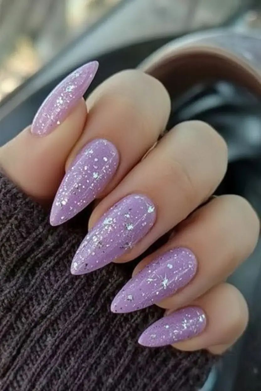 Purple Nail Inspo for 2025 Summer Glitter Lilac Galaxy with Sharp Almond Tips