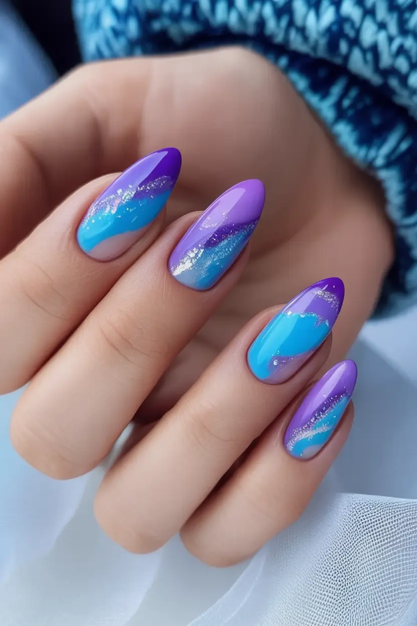 Purple Nail Inspo for 2025 Summer Violet and Aqua Swirl with Glitter Stream