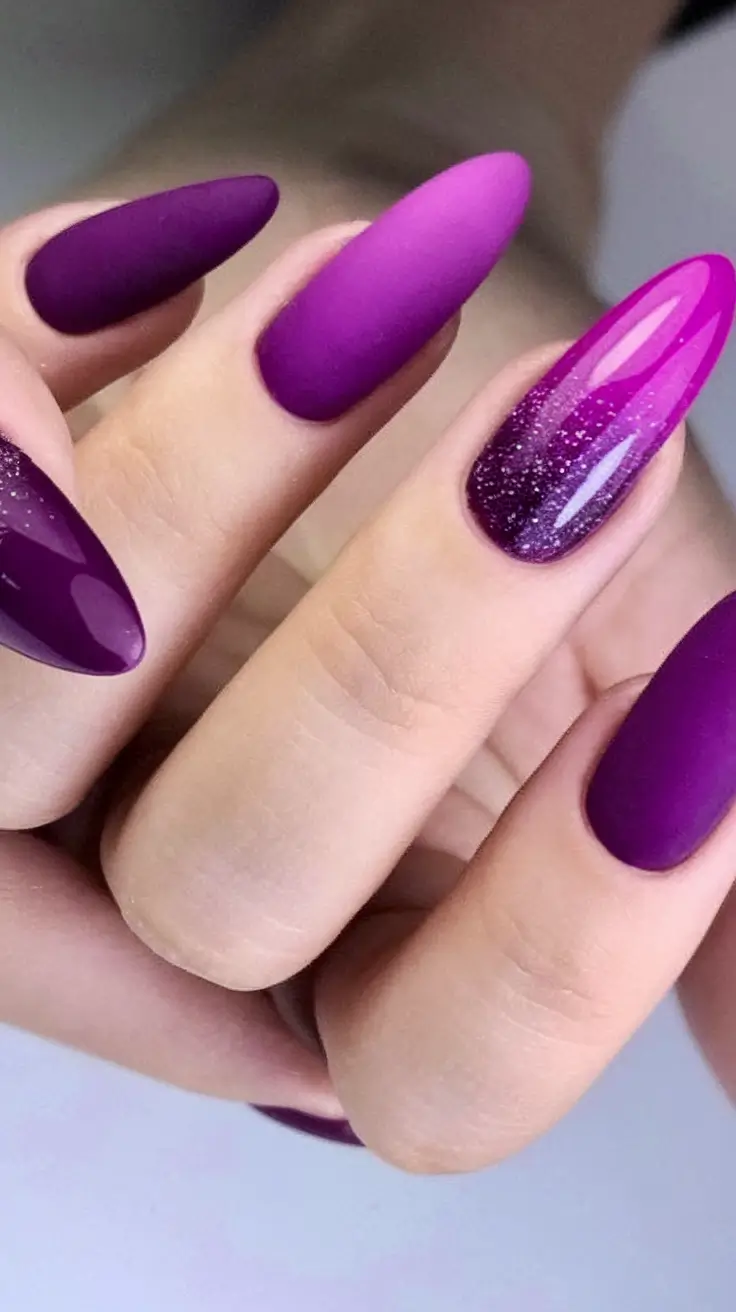 Purple Nail Inspo for 2025 Summer Mixed Finish Matte & Sparkle