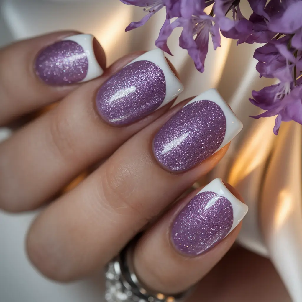 Purple Nail Inspo for 2025 Summer Lavender Glitter Crescent Tips
