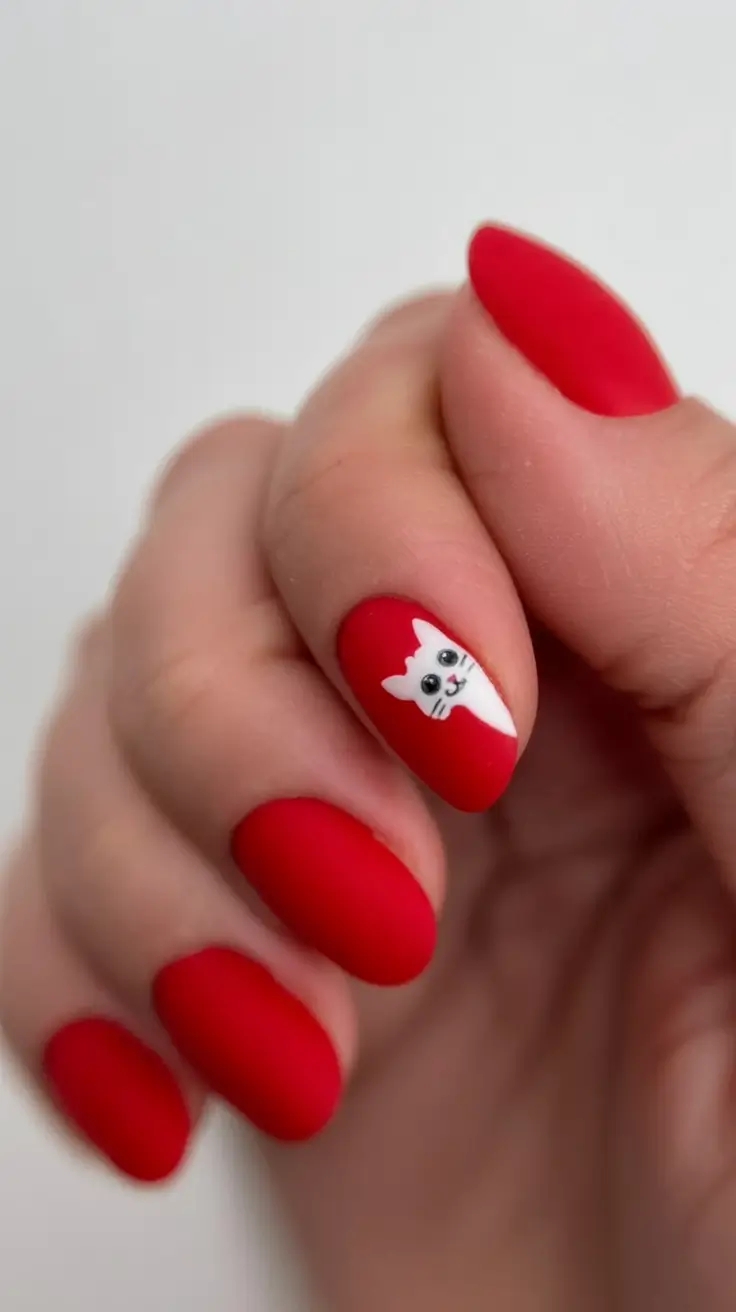 Red Nails That Pop Summer 2025 Matte Red With Peekaboo Kitty