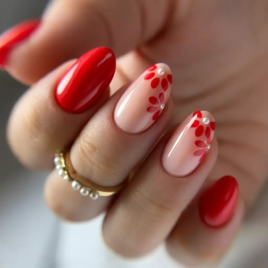 Red Nails That Pop Summer 2025 Blooming Red Petals With Pearls