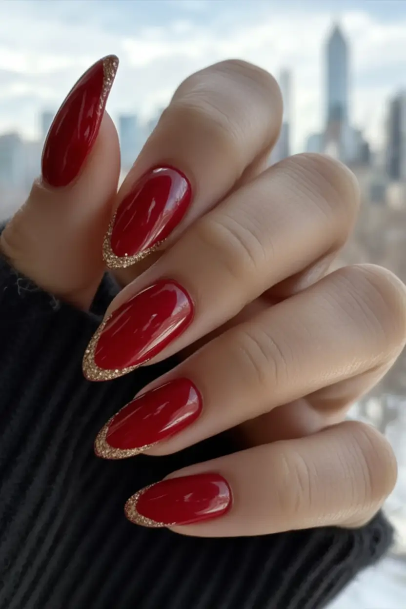 Red Nails That Pop Summer 2025 Cherry Red With Golden Glitter Crescent