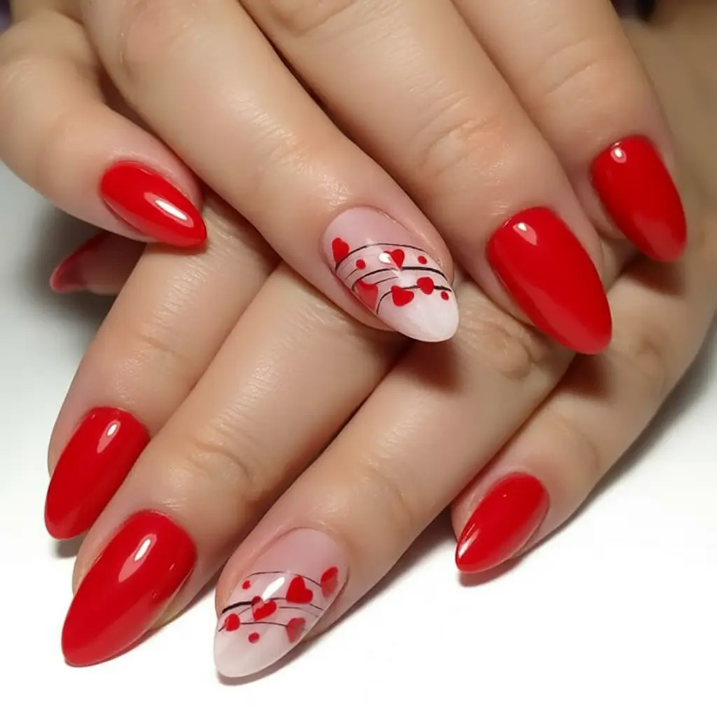 Red Nails That Pop Summer 2025 Floating Hearts With Linework Accent