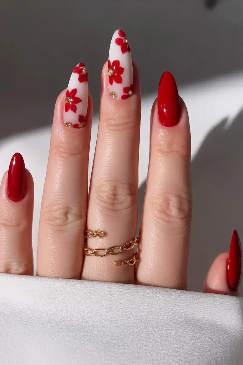 Red Nails That Pop Summer 2025 Gold-Dusted Petal Drama