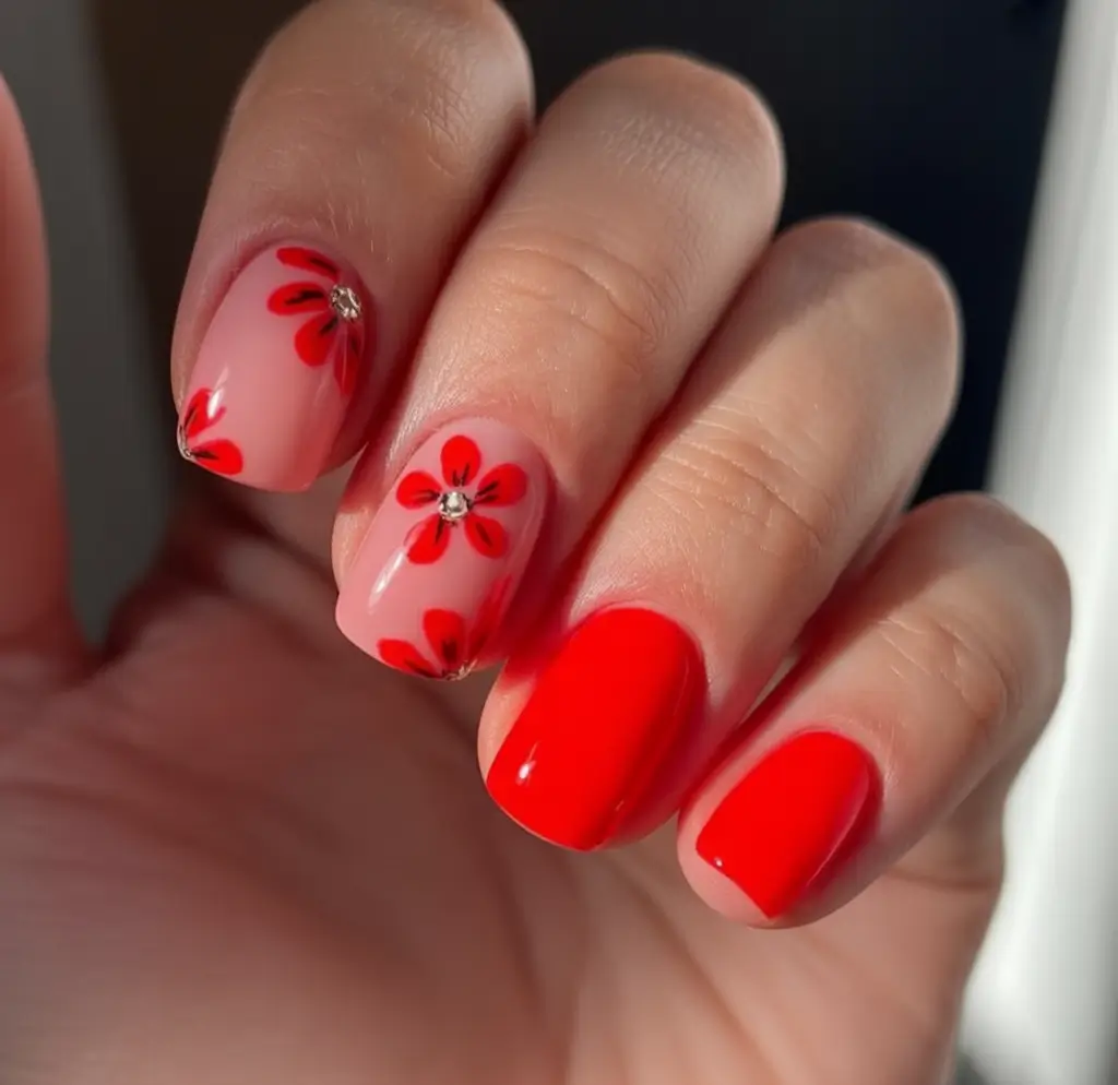 Red Nails That Pop Summer 2025 Sweetheart Blooms on Short Tips