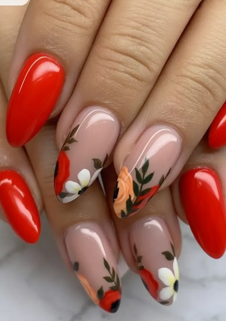Red Nails That Pop Summer 2025 Wildflower Garden Meets Bold Cherry