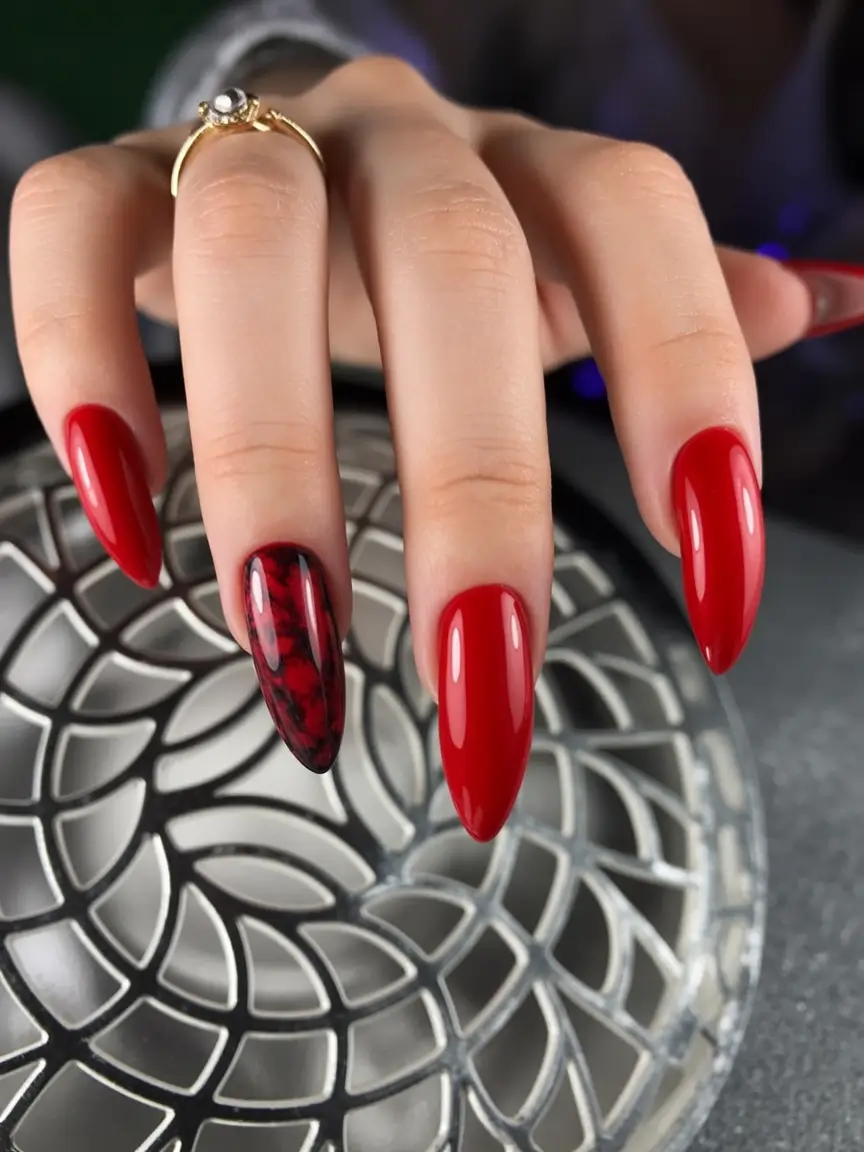 Red Nails That Pop Summer 2025 Marbled Elegance in Dark Cherry