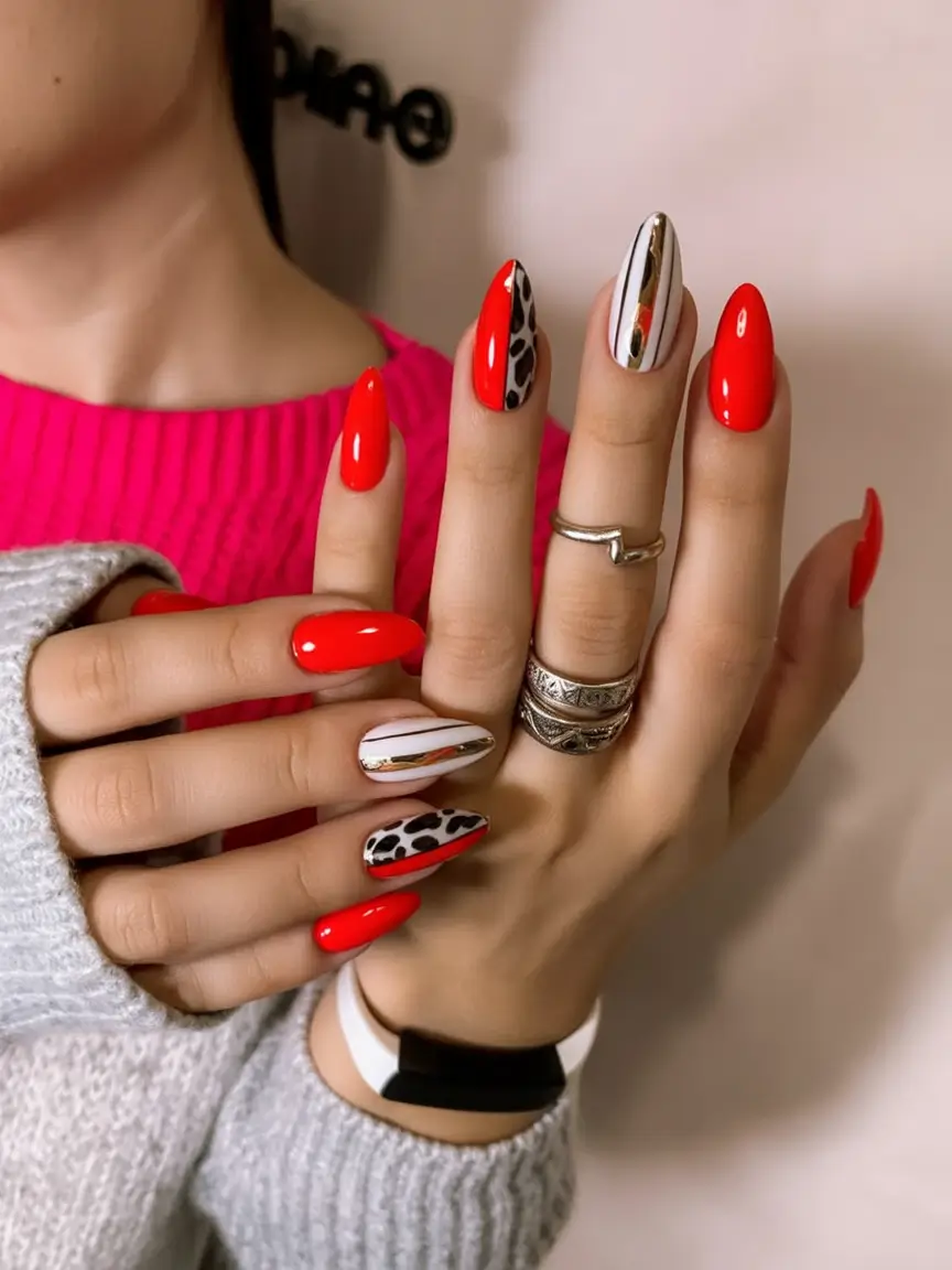 Red Nails That Pop Summer 2025 Metallic Stripes And Leopard Spots With A Twist