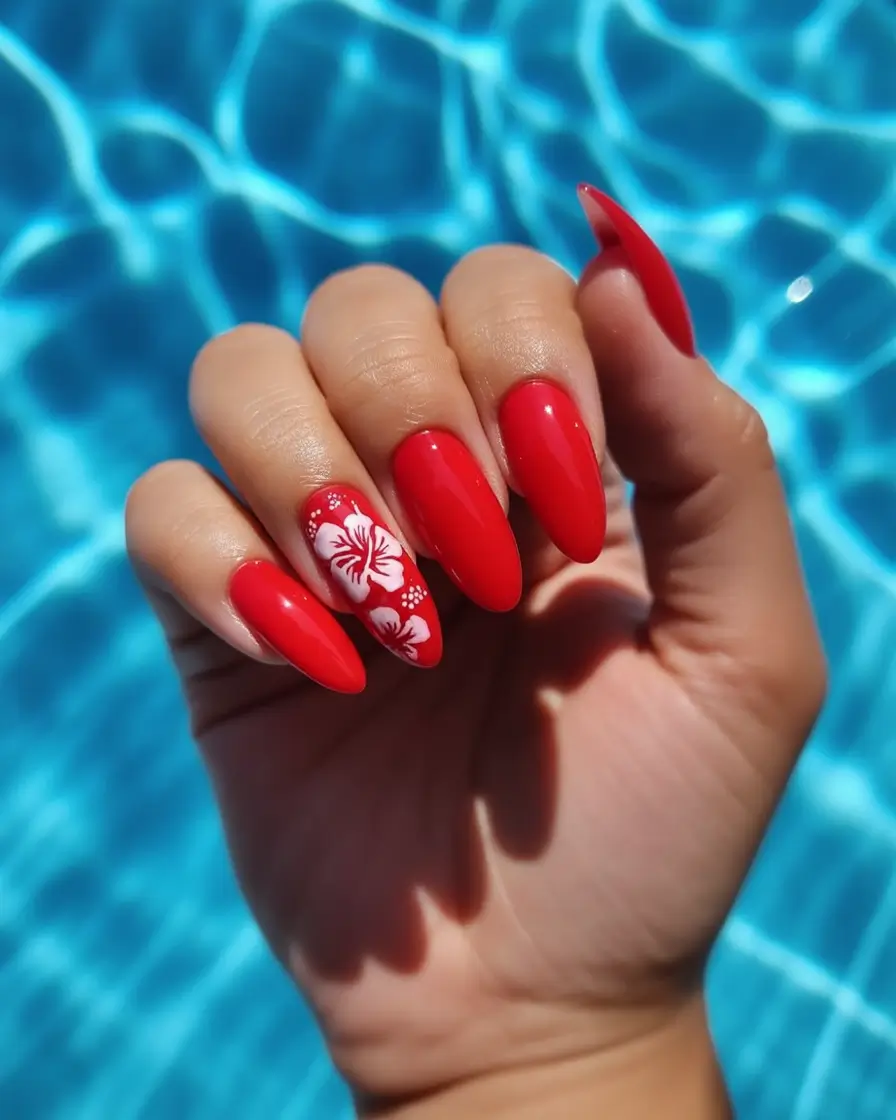 Red Nails That Pop Summer 2025 Poolside Hibiscus Glow