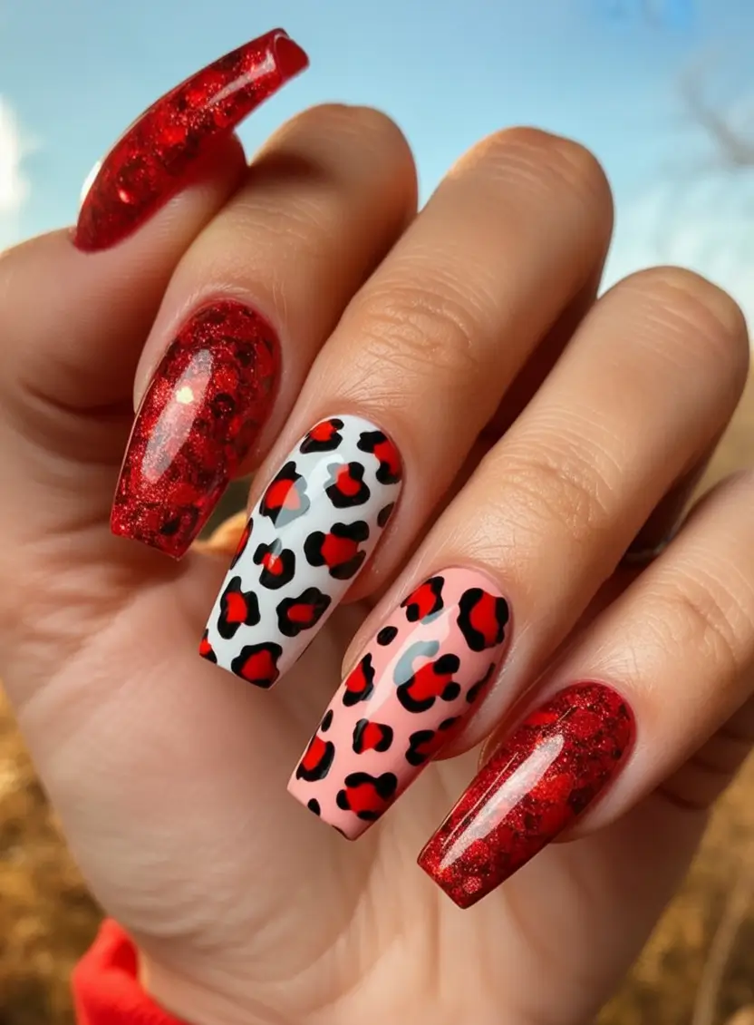Red Nails That Pop Summer 2025 Leopard Pop & Glitter Flame