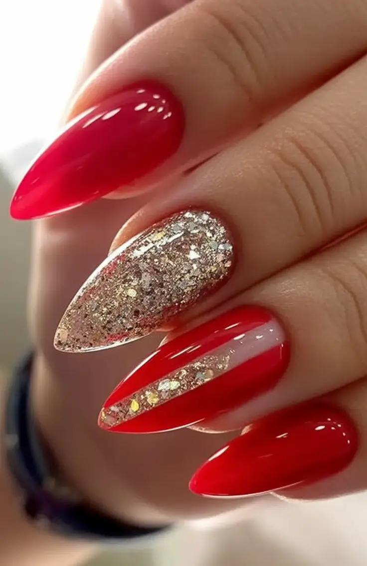 Red Nails That Pop Summer 2025 Stiletto Red With A Golden Glam Split
