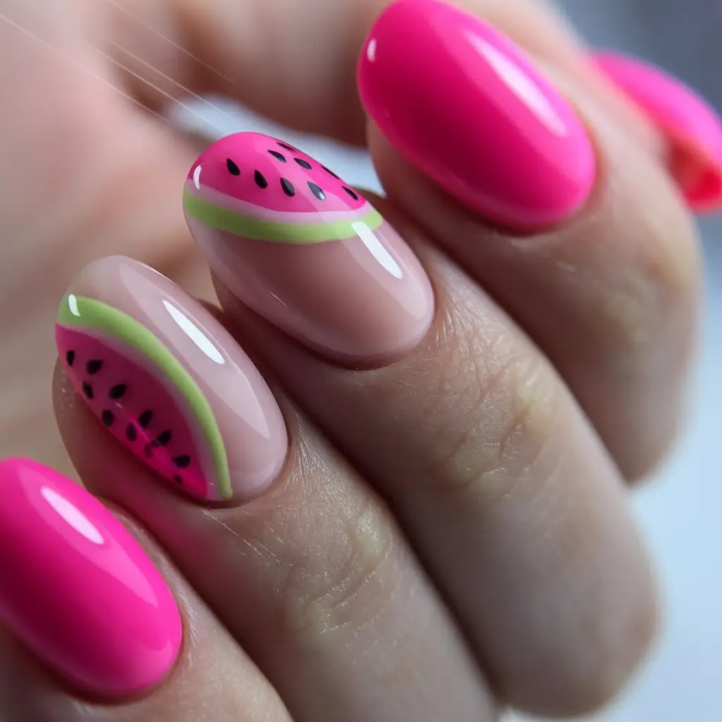 Round Nail Inspo for Summer 2025 Watermelon Slices with a Neon Twist