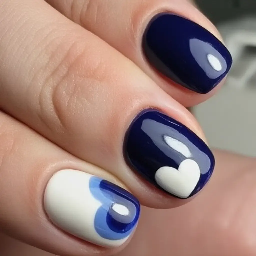 Round Nail Inspo for Summer 2025 Deep Blues and Love Hearts