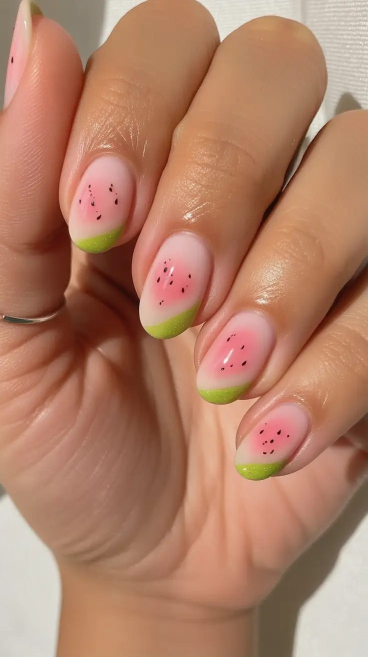 Round Nail Inspo for Summer 2025 Soft Watermelon French Fade