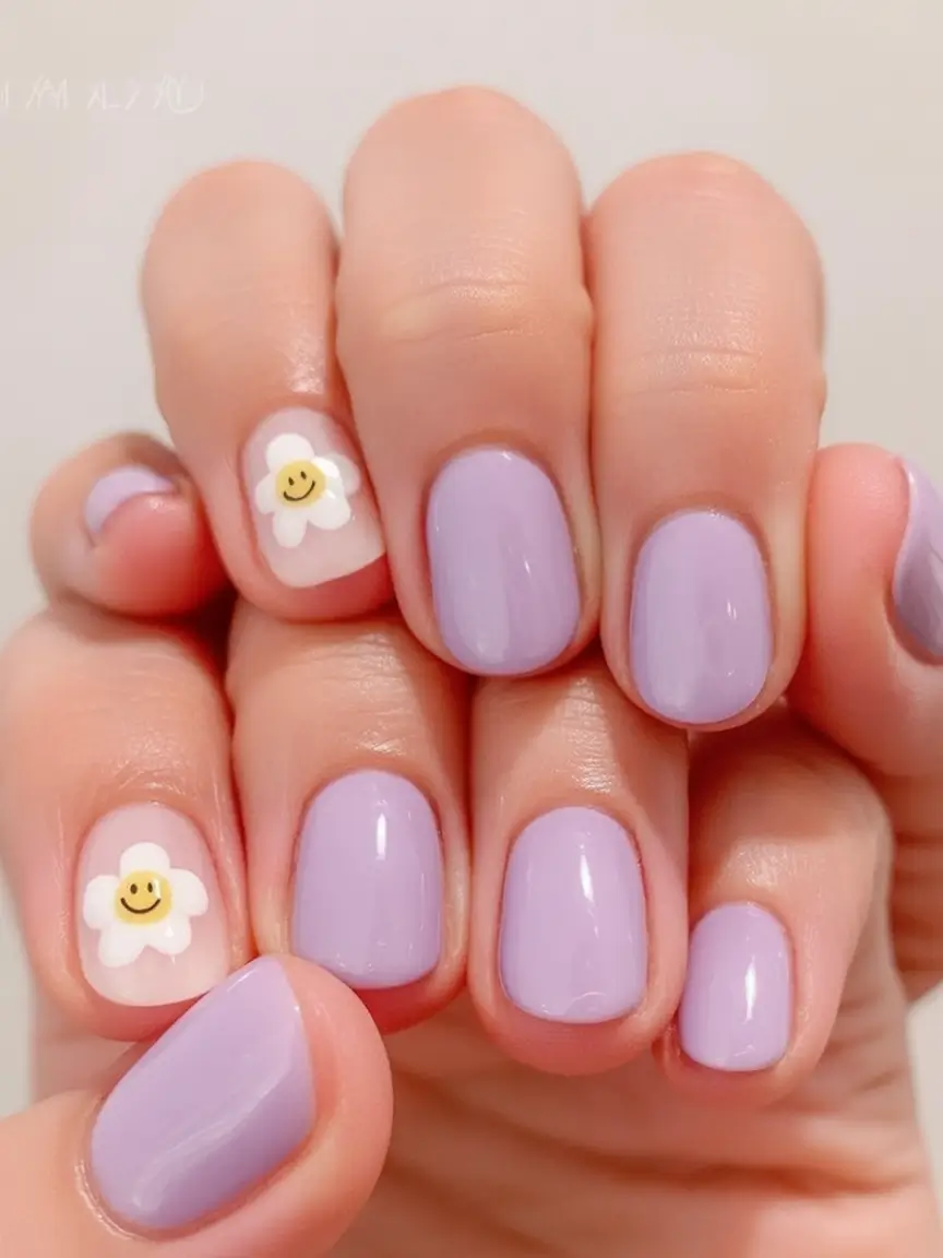 Round Nail Inspo for Summer 2025 Pastel Lavender with Daisy Smiles