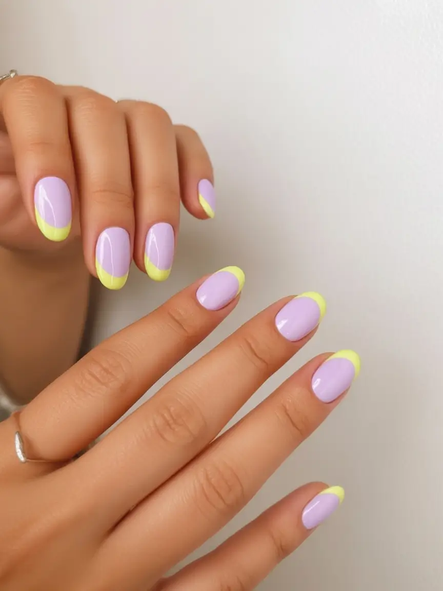 Round Nail Inspo for Summer 2025 Lilac French Tips with a Lemon Pop