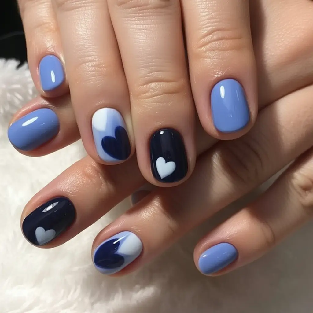 Round Nail Inspo for Summer 2025 Gradient Hearts in Blue