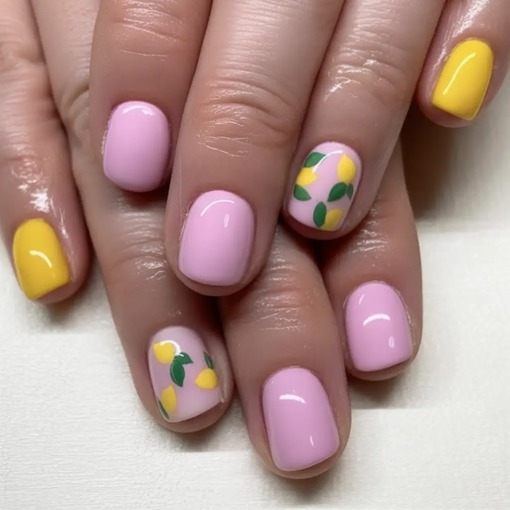Round Nail Inspo for Summer 2025 Sunshine Lemons on Blush