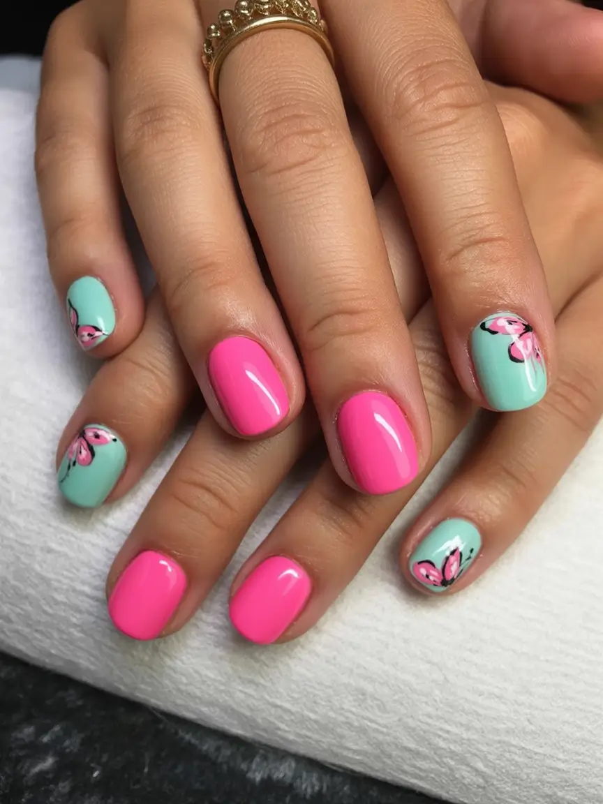 Round Nail Inspo for Summer 2025 Mint & Pink Butterfly Pop