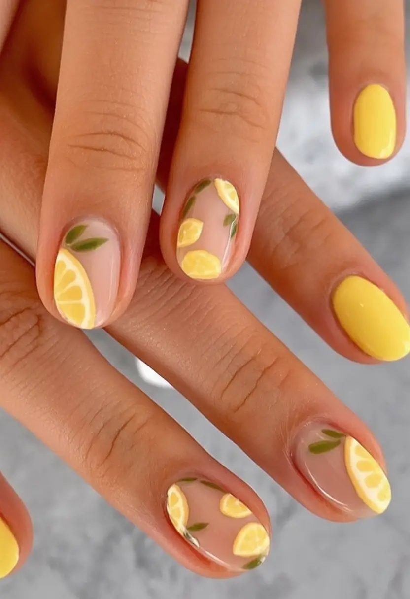 Round Nail Inspo for Summer 2025 Lemon Slices on Sheer Nude
