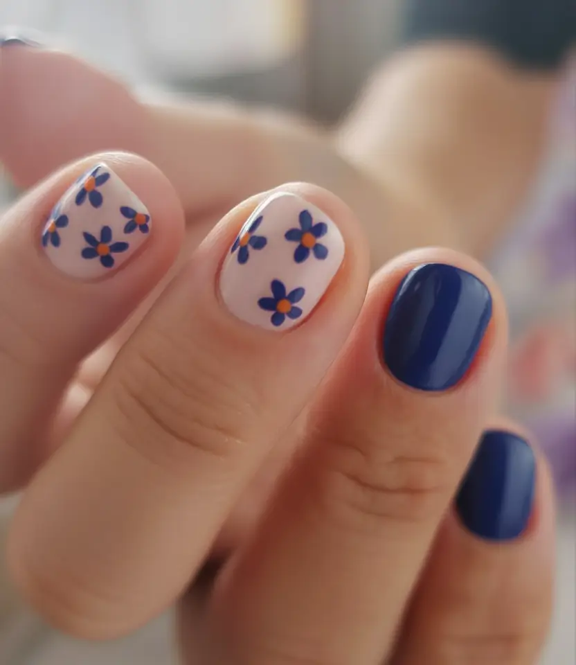 Round Nail Inspo for Summer 2025 Midnight Florals on White Base