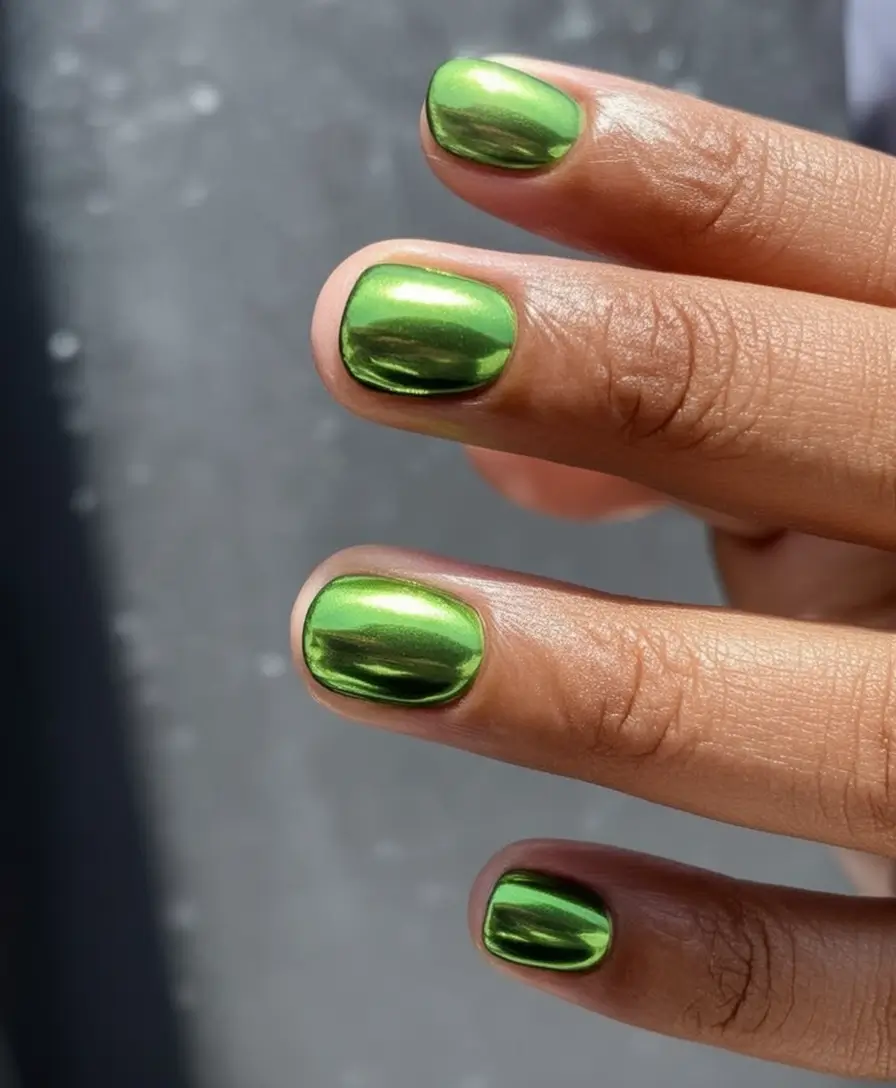 Round Nail Inspo for Summer 2025 Metallic Green Mirror Chrome