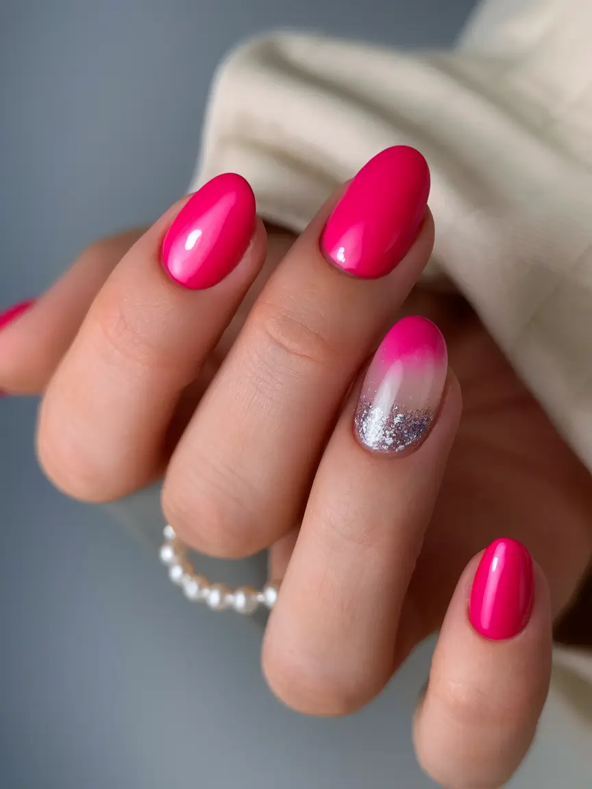 Round Nail Inspo for Summer 2025 Barbiecore with a Glitter Dip