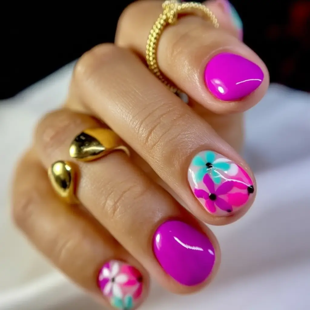 Round Nail Inspo for Summer 2025 Neon Tropics Floral Art