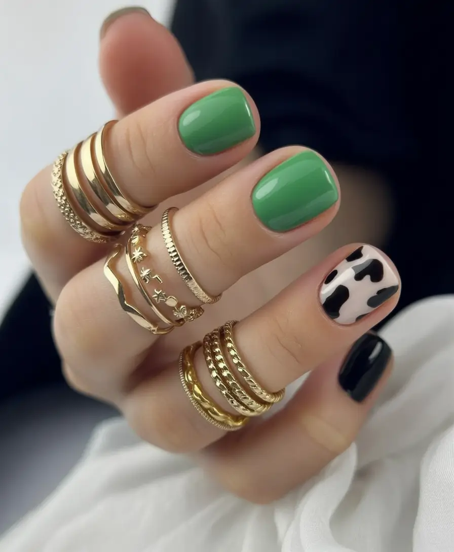 Round Nail Inspo for Summer 2025 Retro Cowprint and Forest Greens