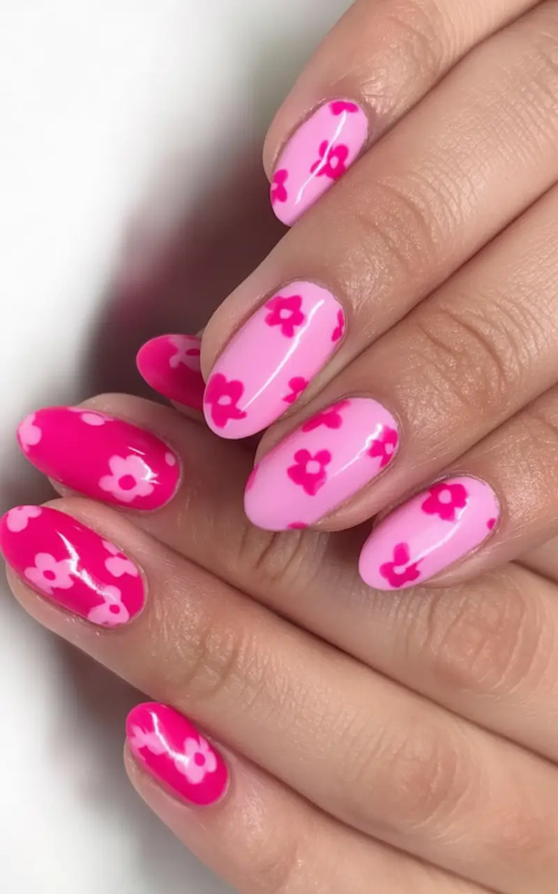 Round Nail Inspo for Summer 2025 Hot Pink Flower Power