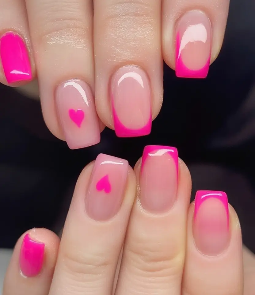 Short Acrylics for Summer 2025 Fun Neon French with Heartbeats