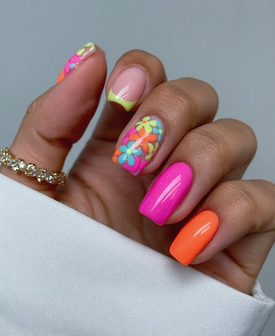 Short Acrylics for Summer 2025 Fun Electric Bloom Explosion
