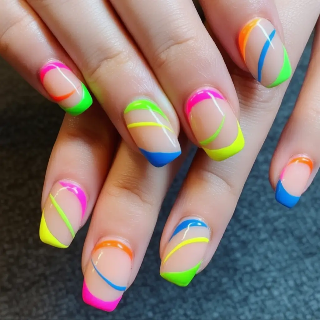 Short Acrylics for Summer 2025 Fun Neon Squiggle French for a Festival Mood
