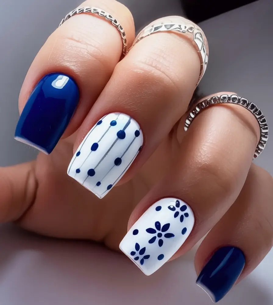 Short Acrylics for Summer 2025 Fun Modern Nautical Dots and Blooms