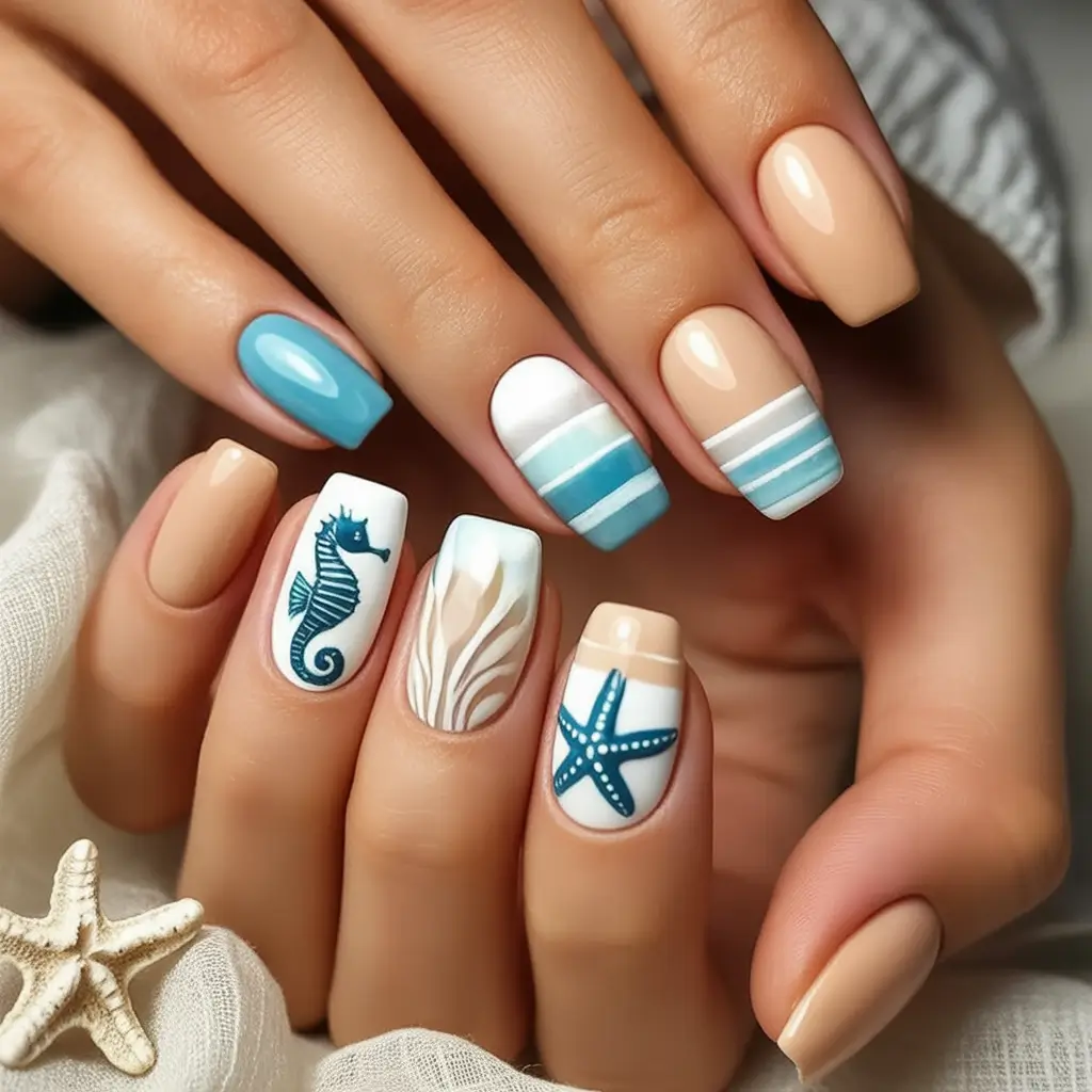 Short Acrylics for Summer 2025 Fun Seaside Fantasy with Starfish and Seahorses