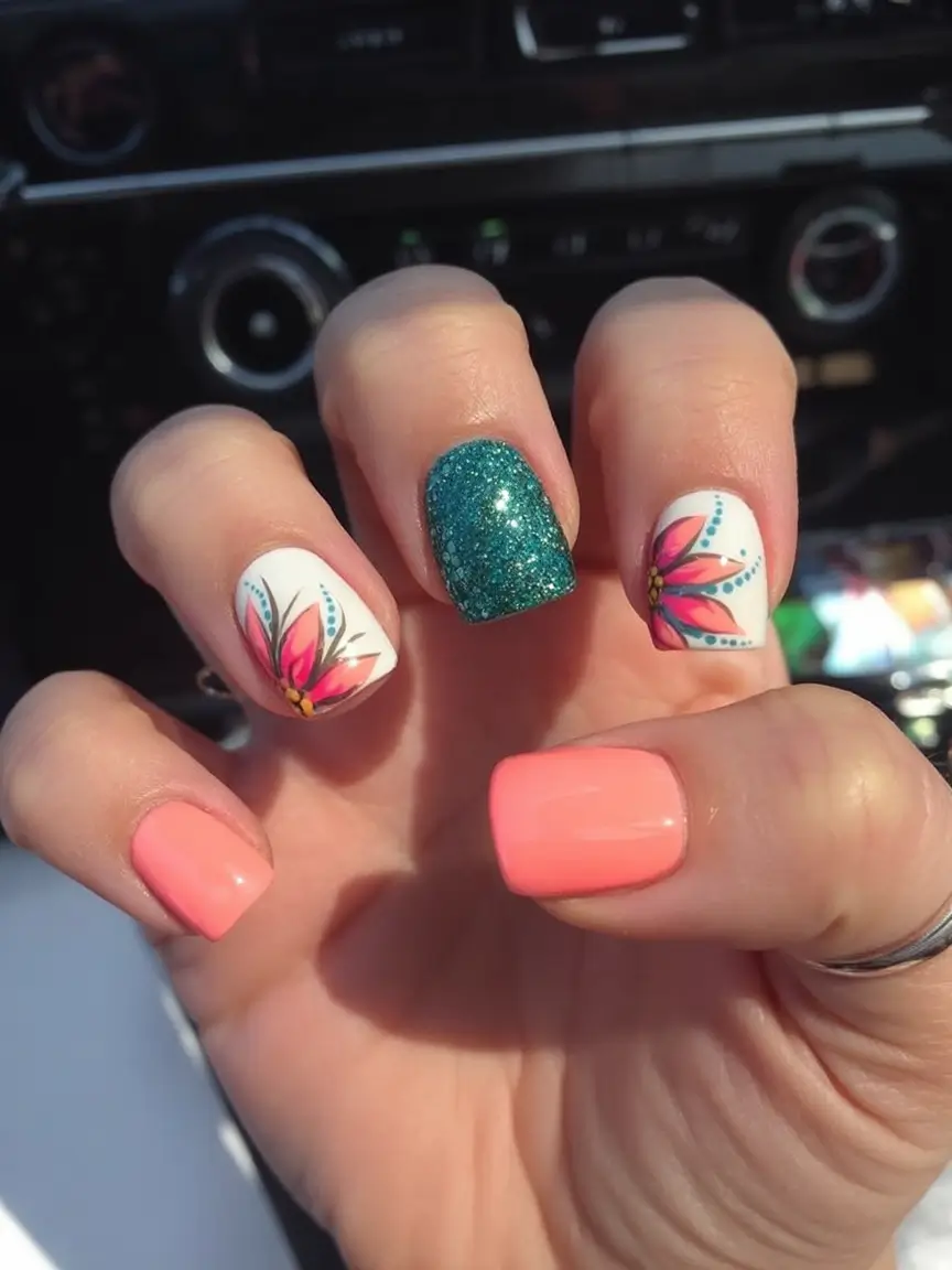 Short Acrylics for Summer 2025 Fun Tropical Glitter and Coral Mix