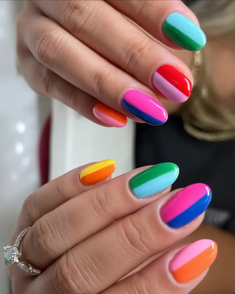 Short Acrylics for Summer 2025 Fun Rainbow Color Block with a Twist