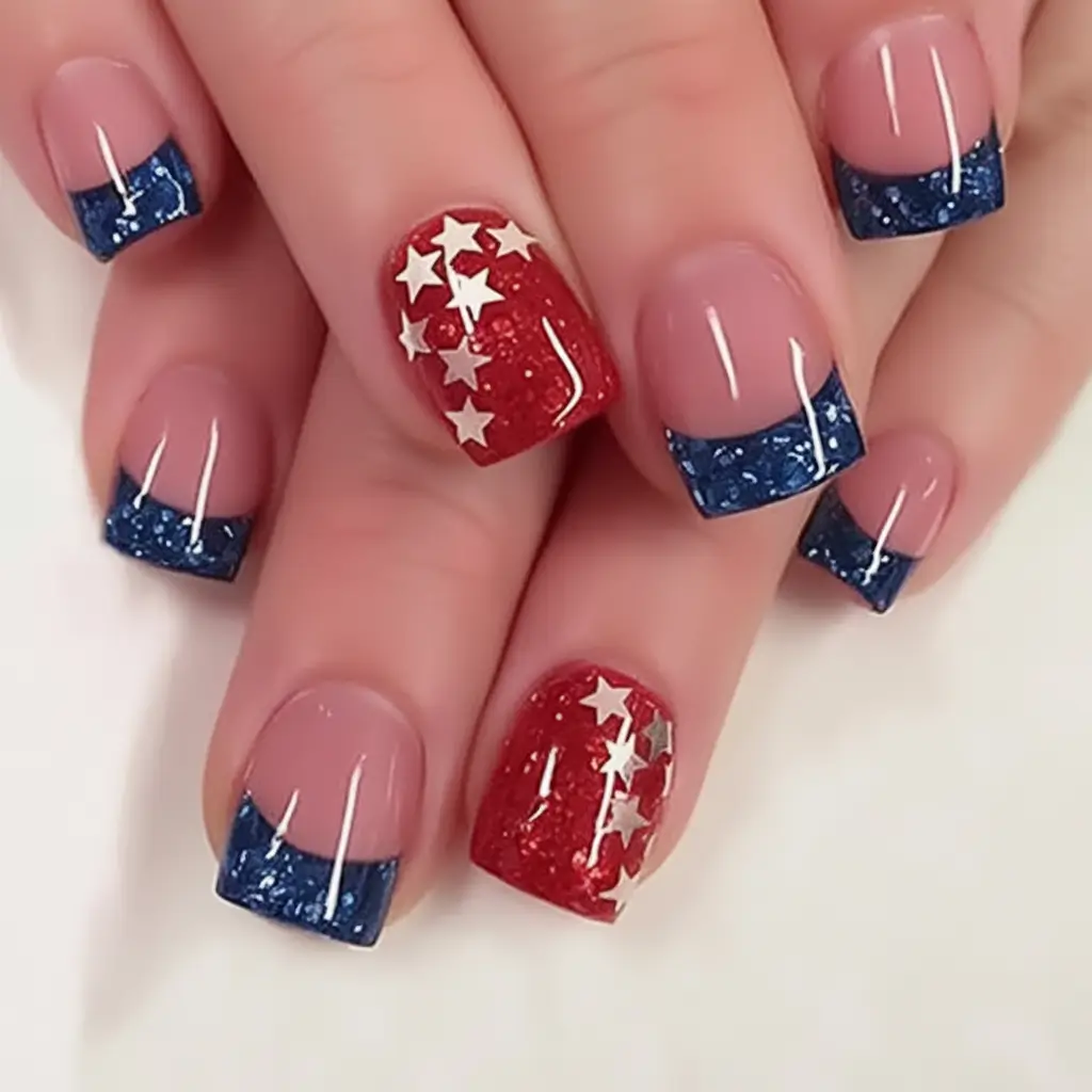 Short Acrylics for Summer 2025 Fun Star-Spangled Tips with Glitter Flair